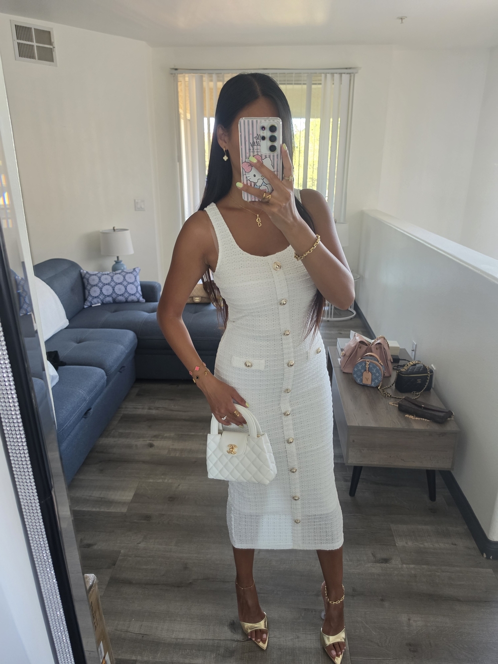 Classic White Button-Front Tweed Midi Dress - Picture 13 of 16